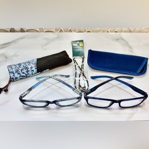+2.75 Blue Reading Glasses w/ Soft Cases & Beaded Chain